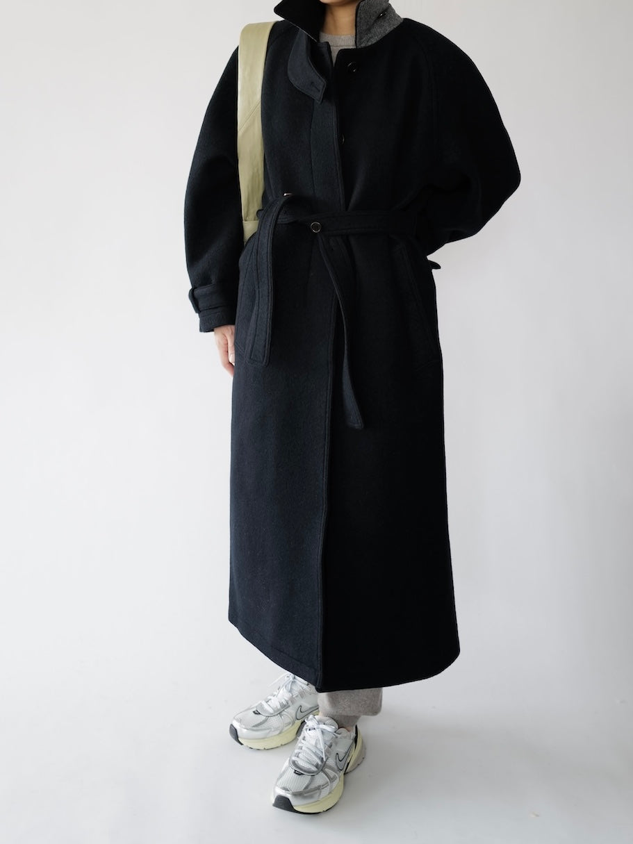 Belted Single-Breasted Long Coat in Navy